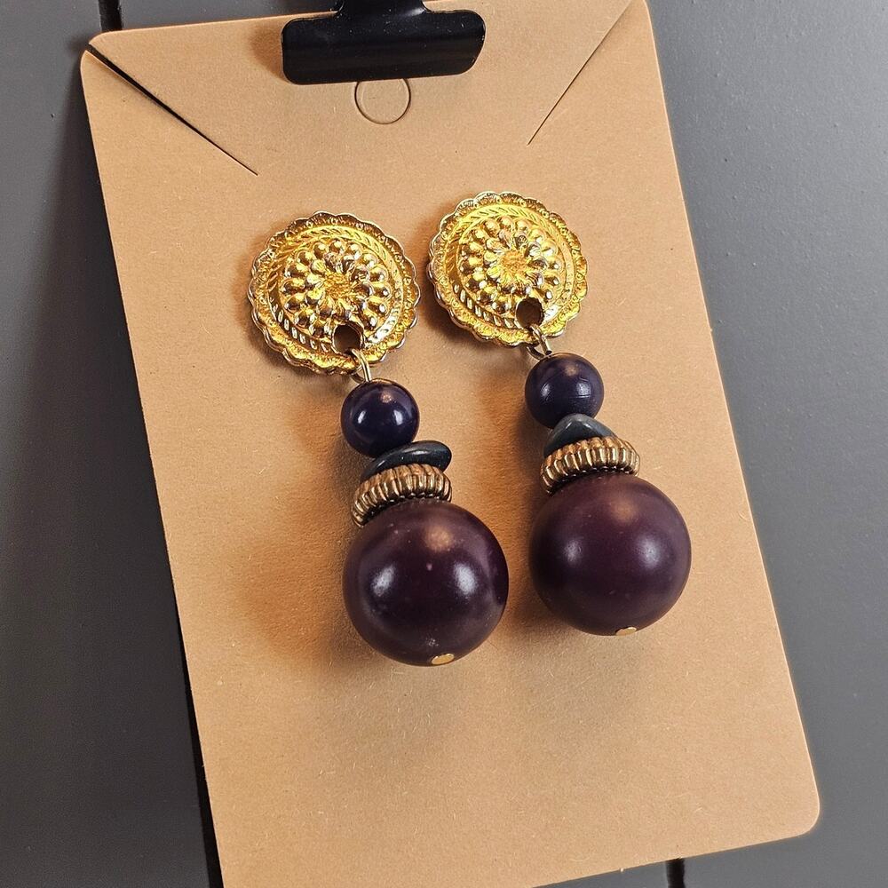 Vintage Style Gold Tone Purple Brown Beaded Dangle Drop Earrings Boho 2" - Picture 3 of 13